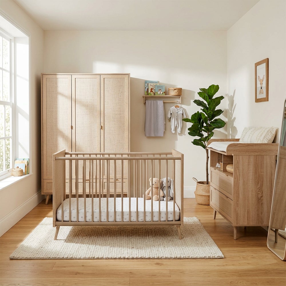 Babykamer Finori Bali Eiken/Riet Decor (Ledikant + Commode incl. Opzet + 3-deurskast)