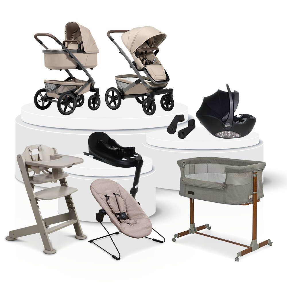 Kinderwagen Joolz Geo5 Sandy Taupe Total Package Deal incl. Autostoel, Base, Kinderstoel & Co-Sleeper