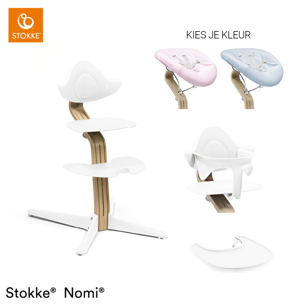 Set Compleet | Kinderstoel Stokke® Nomi White/Oak incl. Newbornset en Eetblad + Babyset