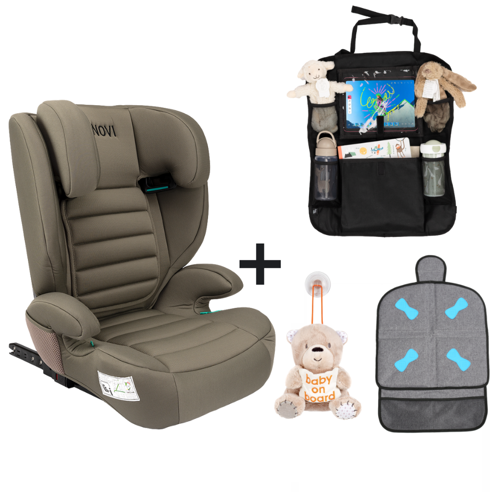 Set | Novi James Premium i-Size Isofix Dark Taupe met Organizer, Stoelbeschermer en Baby on Board Knuffel
