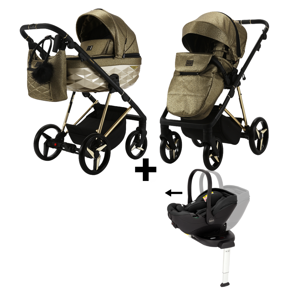 Kinderwagen Adamex Quantum Glossy Gold + Autostoel Joy Pro Glide 360° + Base + Adapterset