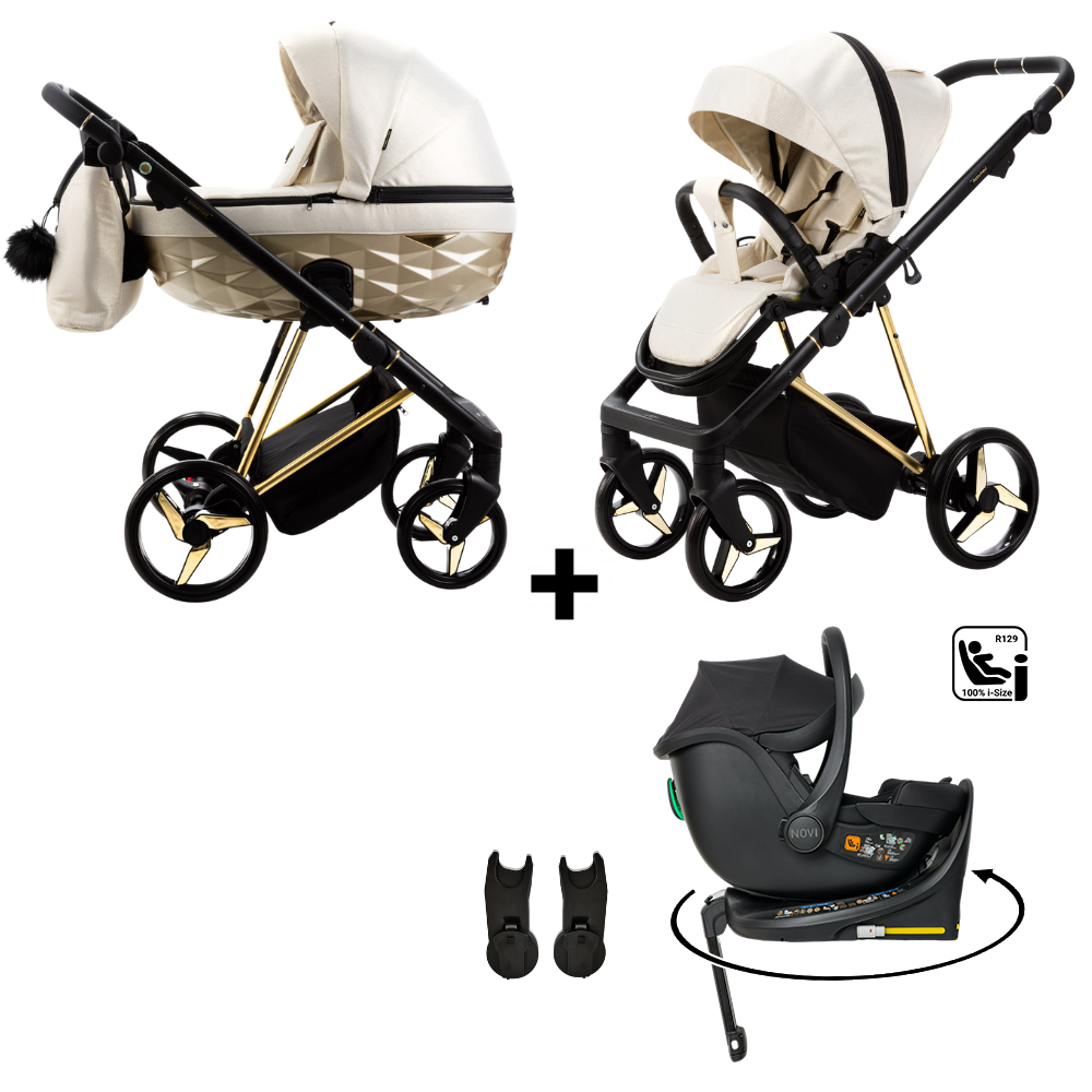 Kinderwagen Adamex Quantum Beige Gold Star + Autostoel Jacky Pro 360° V2 & Base & Adapterset