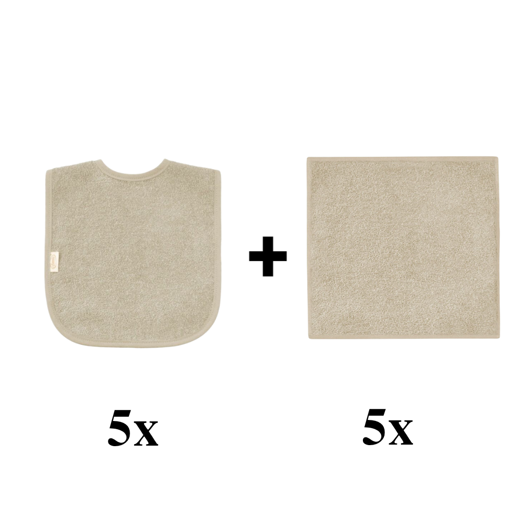 Set | 5x Slabber en 5x Spuugdoek Funnies Uni Cream