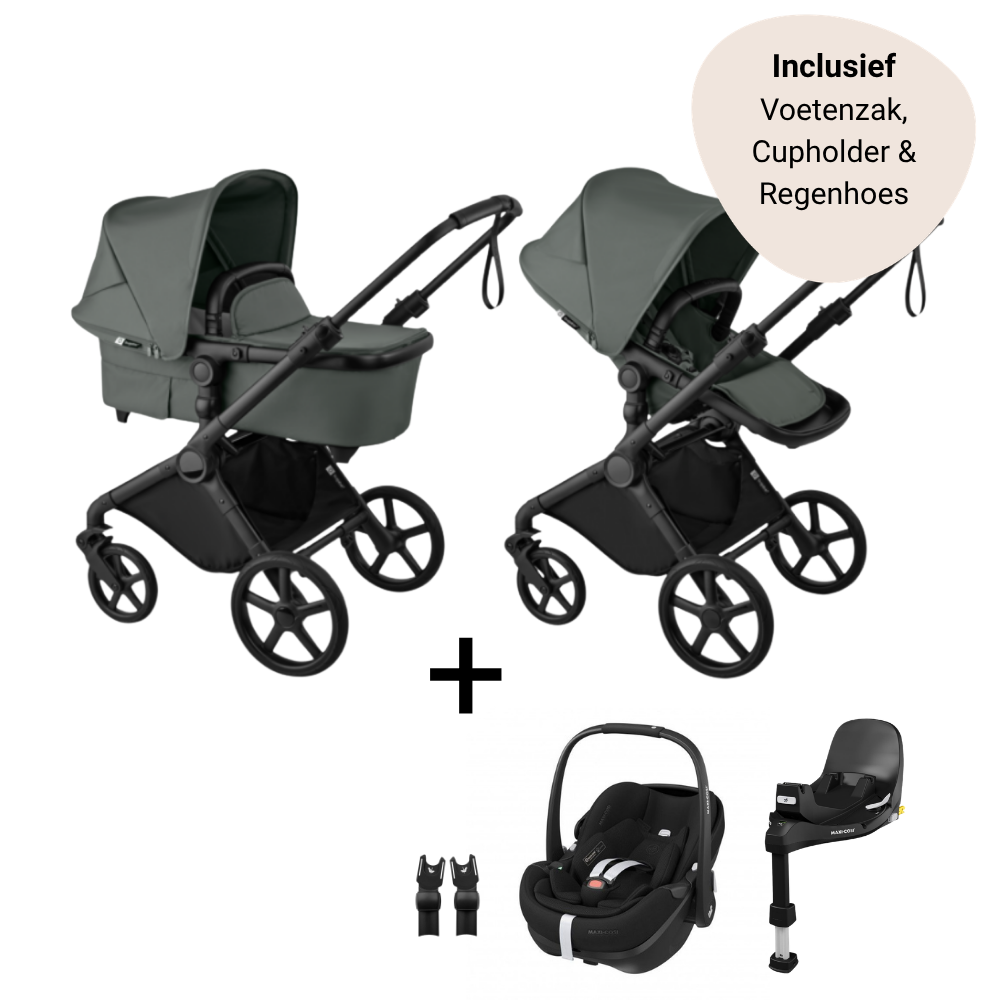 Kinderwagen Bugaboo Cub Black/Forest Green met Autostoel Pebble 360° Pro2, Base Slide Tech & Accessoires