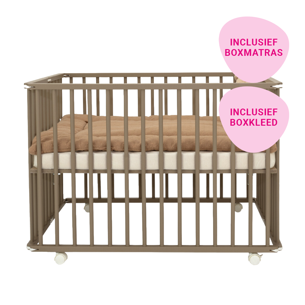 Set | Box Inklapbaar Colorfull Home Hugo Basic Beuken Taupe Incl. Boxmatras en Boxkleed