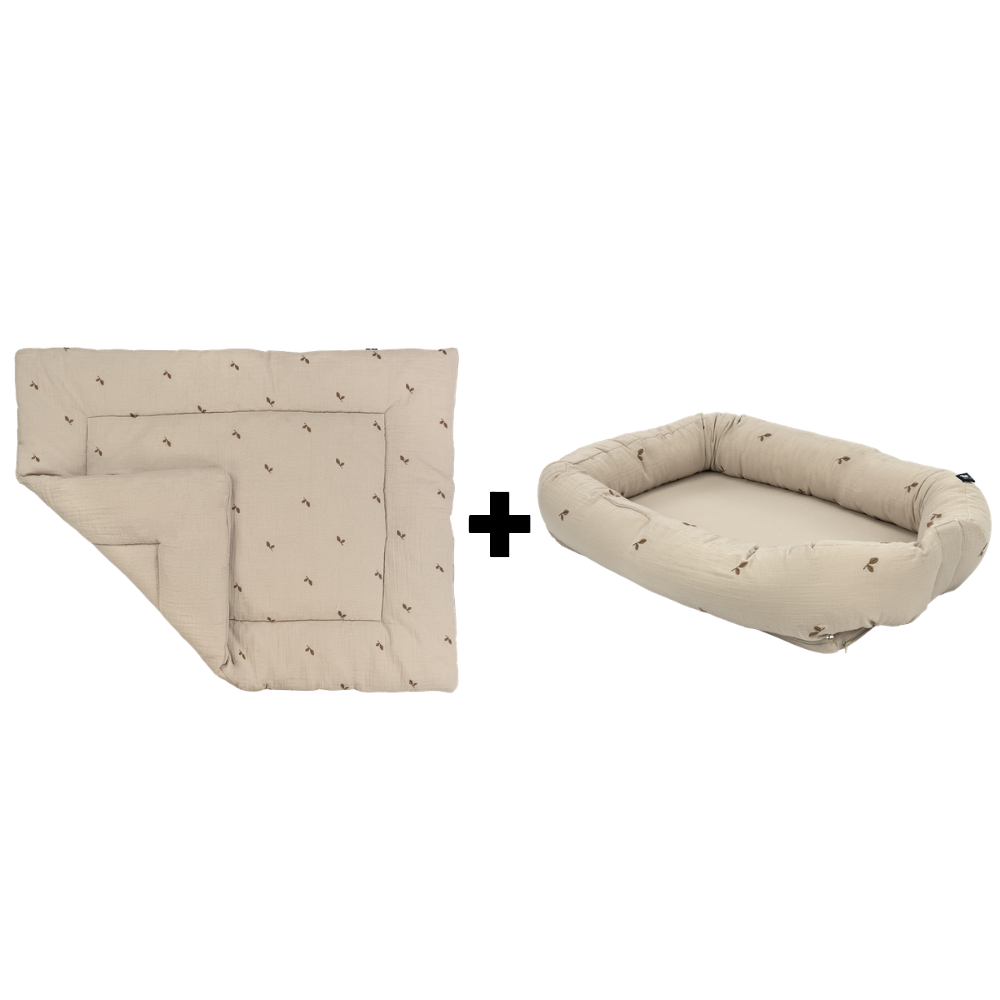 Set | Boxkleed & Babynestje Tots Tale Baby Soft Muslin Leaves Taupe