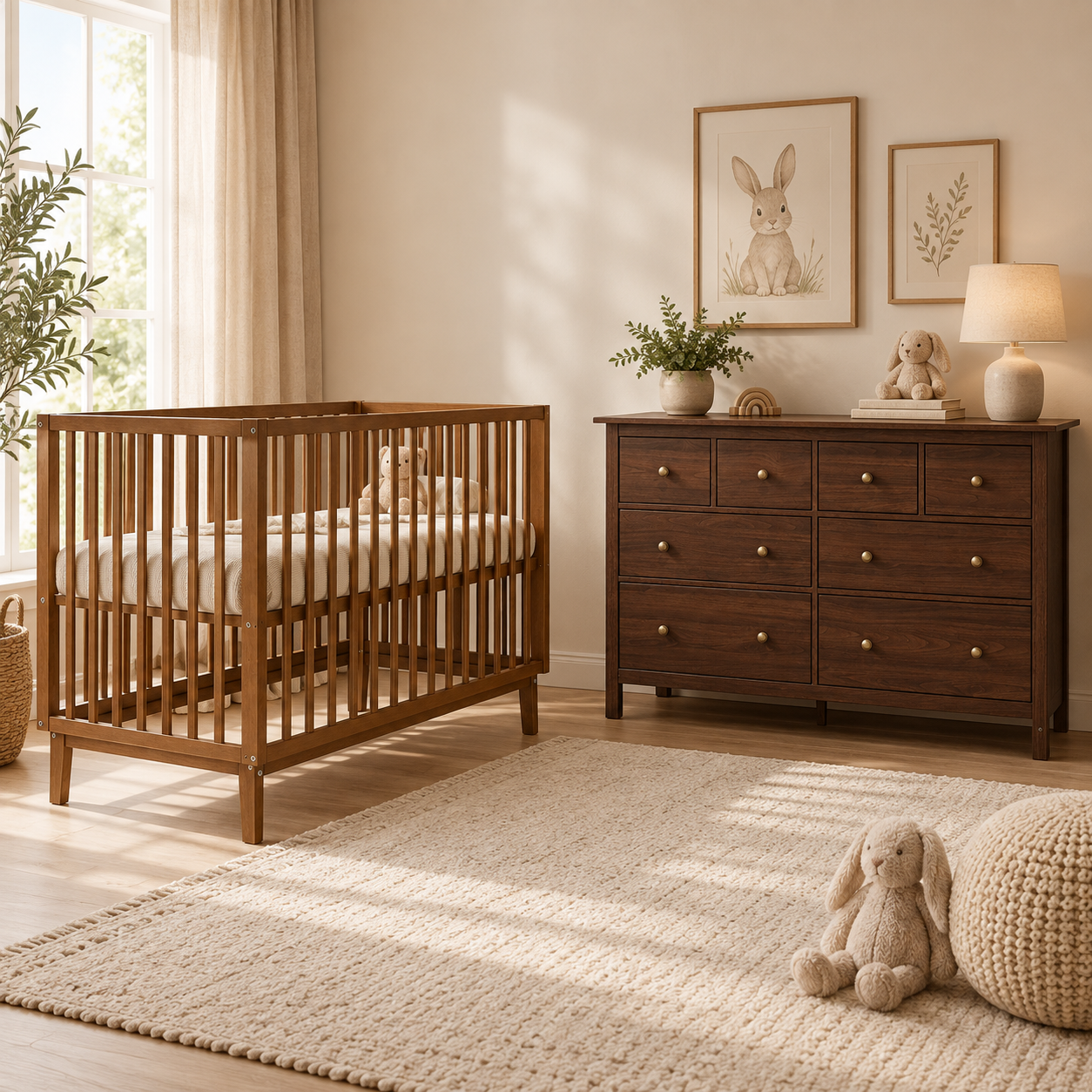 Babykamer Lauren + Sienna (Meegroei Ledikant Lauren Walnut 60x120 + Commode Grande Sienna Walnut + Smrt. Cloudy Matras)