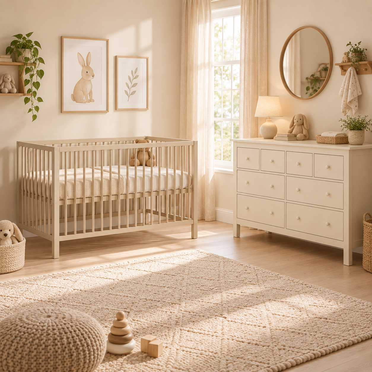 Babykamer Luca + Bastia (Meegroei Ledikant Luca Pure Sand 60x120 + XL-Commode Bastia Clay + Matras Cloudy)