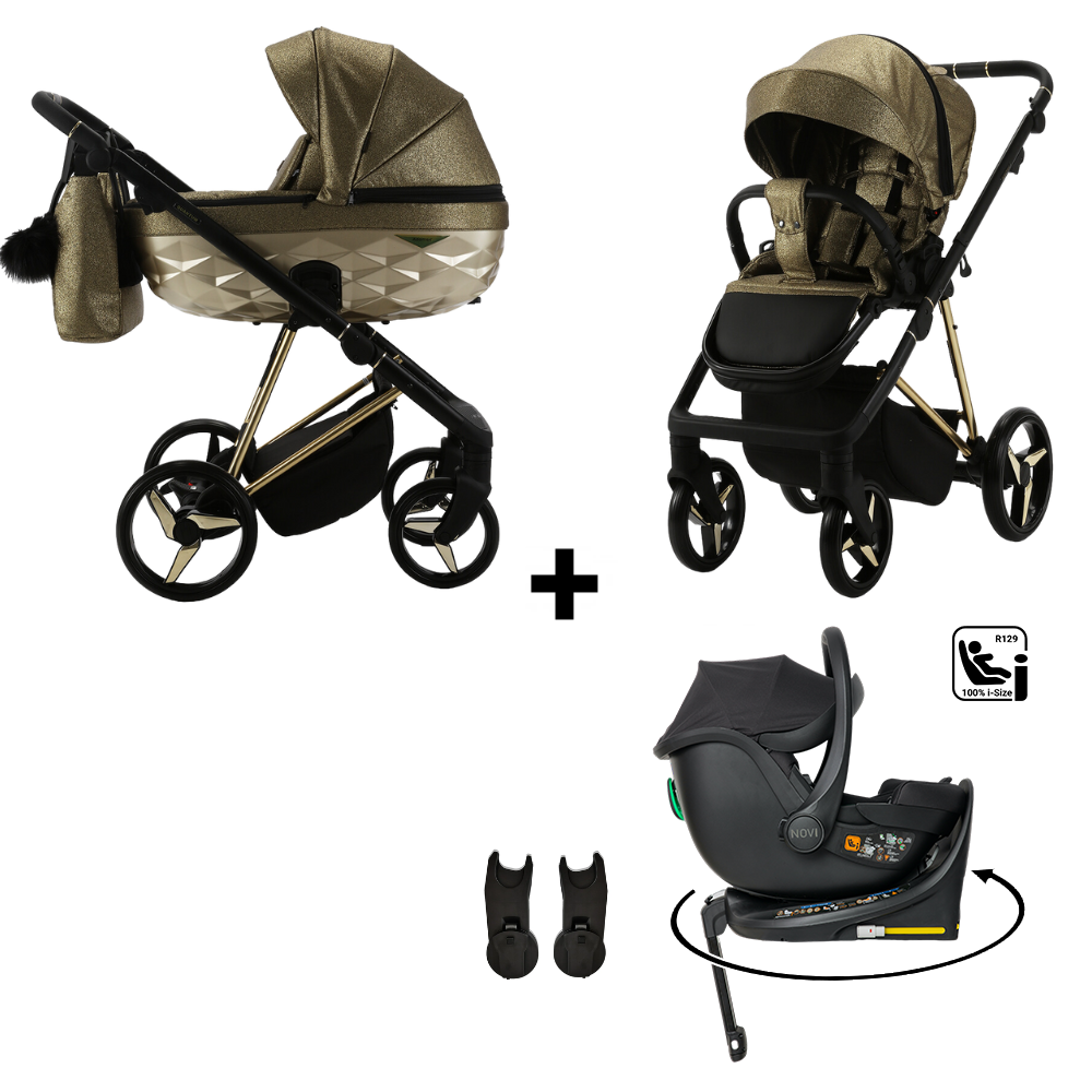 Kinderwagen Adamex Quantum Glossy Gold + Autostoel Jacky Pro 360° V2 & Base & Adapterset