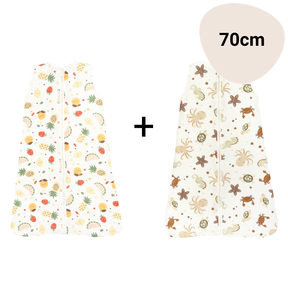 Set | 2x Slaapzak Little Boo Hydrofiel - Fruit Multi + Ocean Brown 70cm