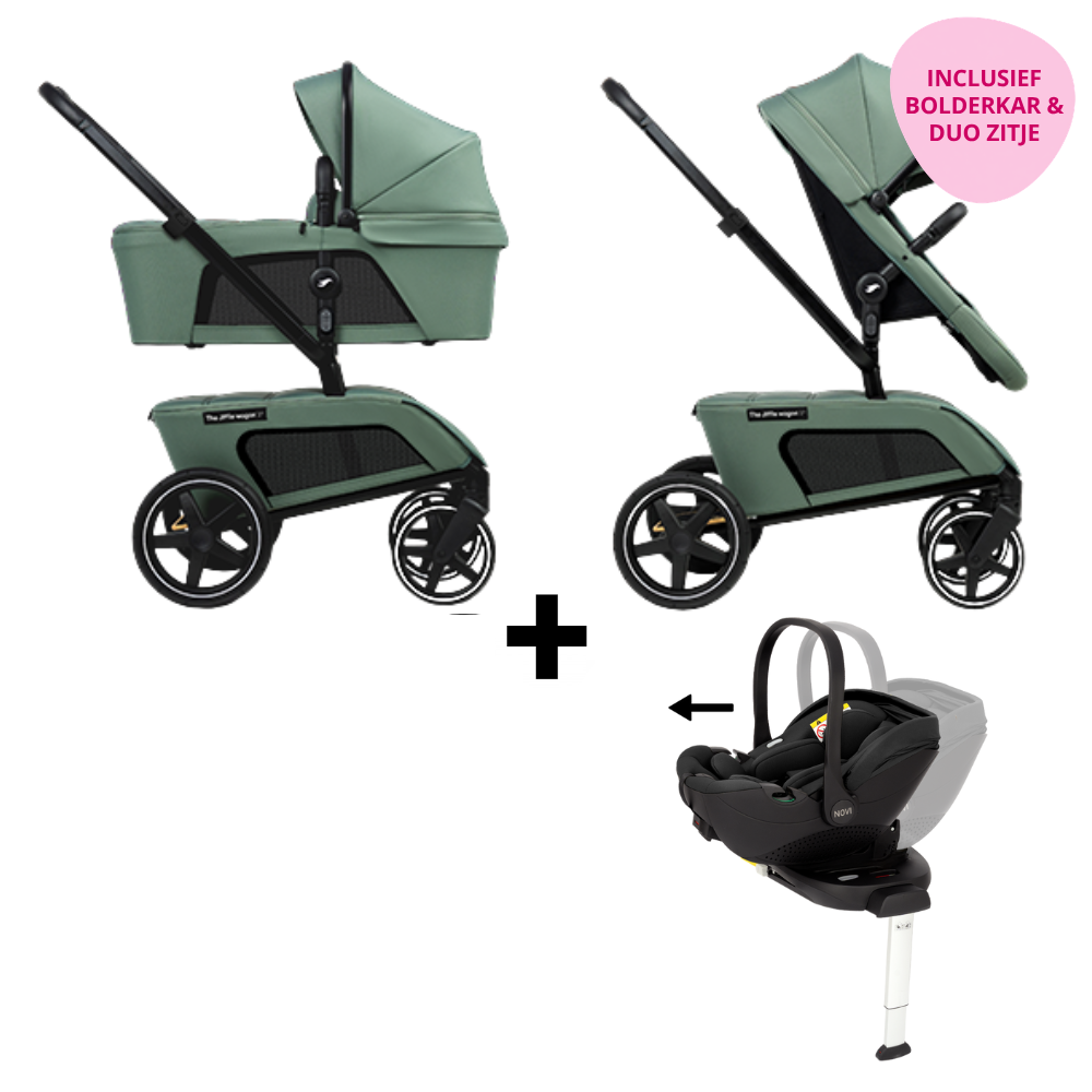 Set | Kinderwagen The Jiffle Wagon 2+ Plus Pine + Autostoel Novi Baby Joy Pro 360 & Base