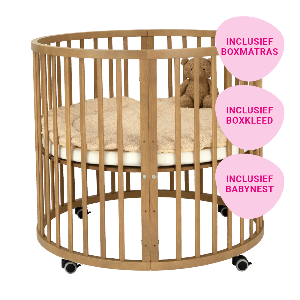 Set | Box Novi Mila Rond Amber Oak Incl. Boxmatras, Boxkleed en Babynest