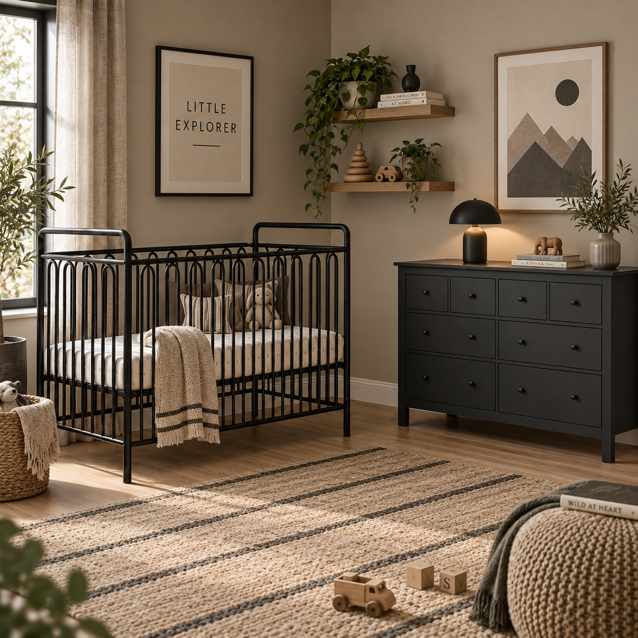 Babykamer Royal + Bretagne (Ledikant Royal Black 60x120 + Commode Bretagne Zwart + Matras Cloudy)