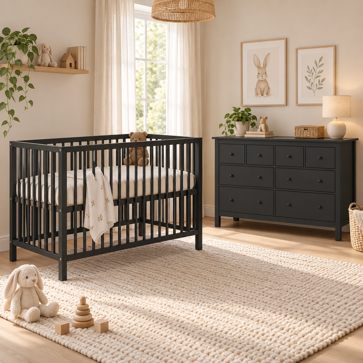 Babykamer Luca + Bretagne (Meegroei Ledikant Luca Pure Black 60x120 + XL-Commode Bretagne Zwart + Matras Cloudy)