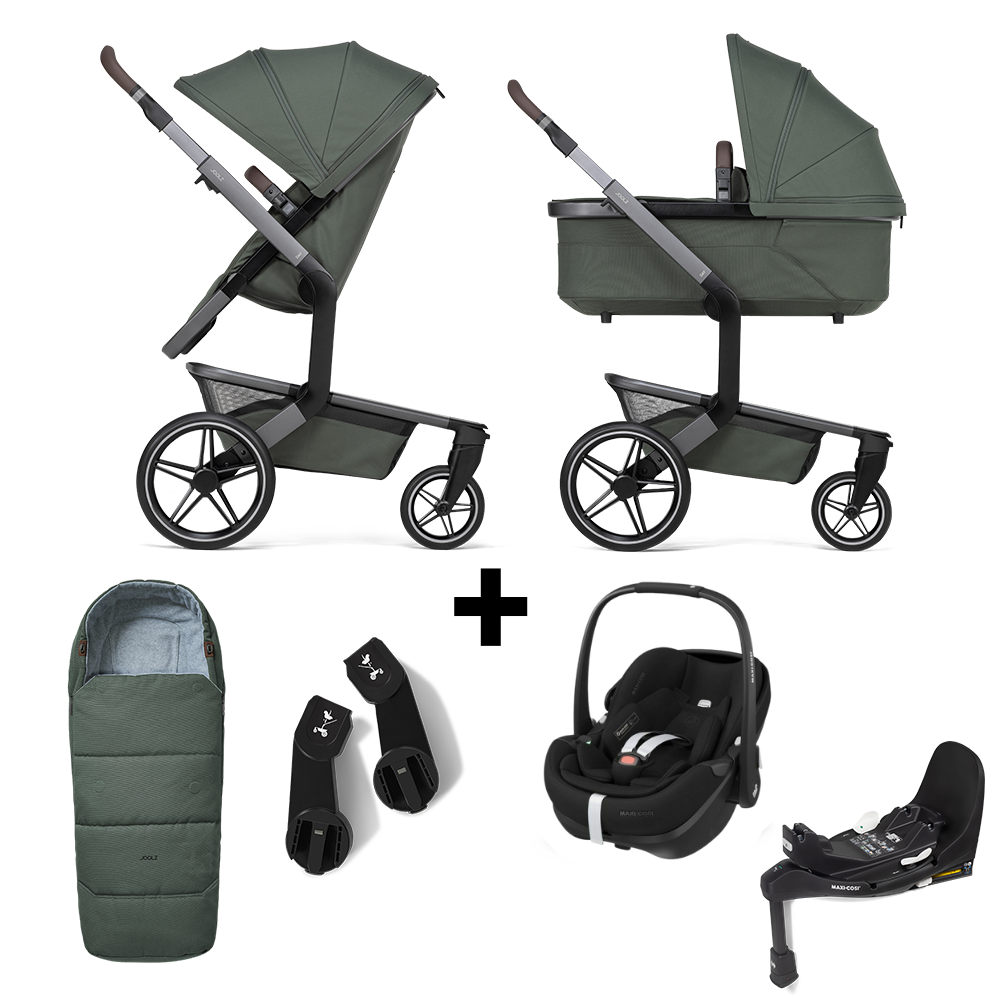 Kinderwagen Joolz Day5 Forest Green + Autostoel Pebble Pro2, Slide Tech Base & Accessoires