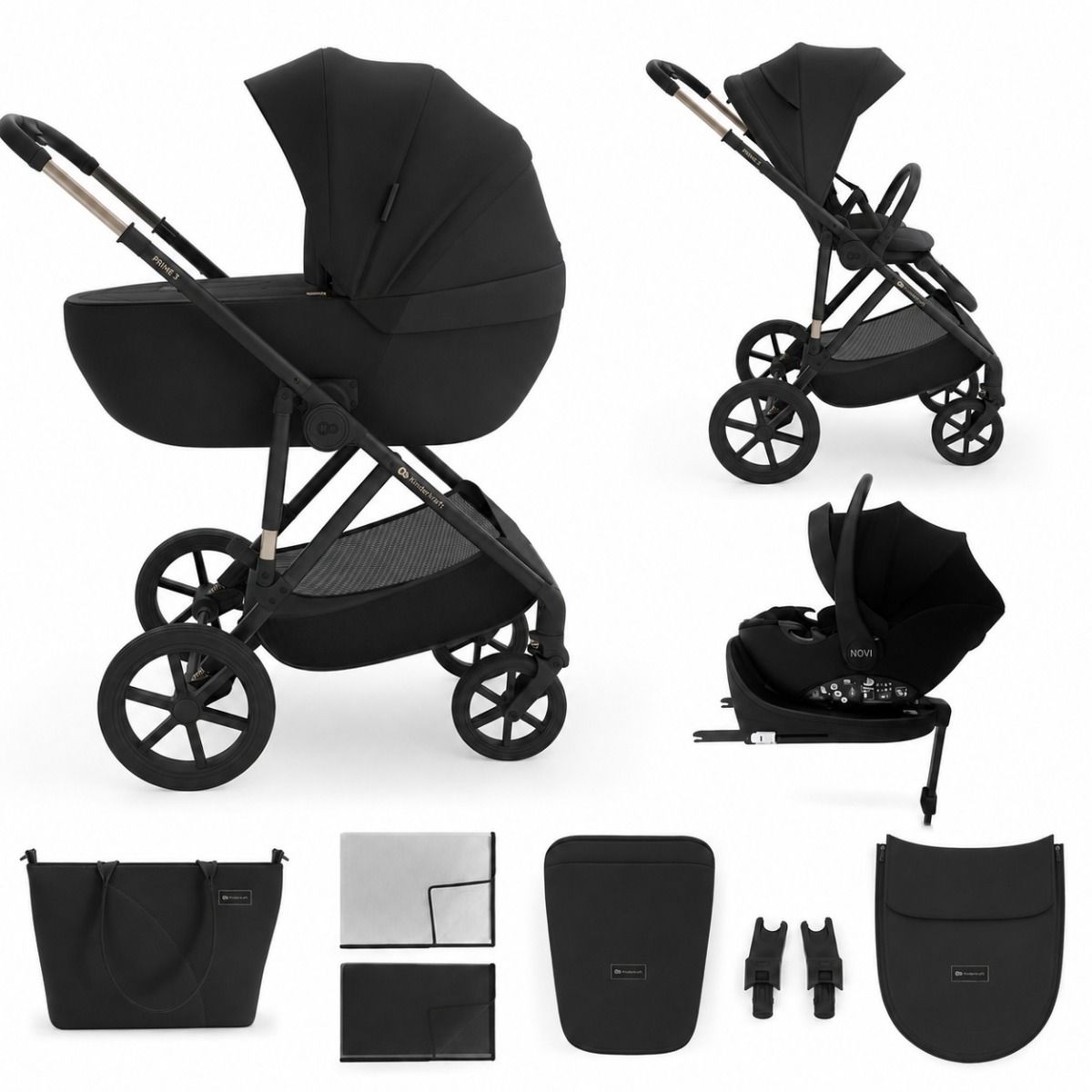 Kinderwagen Kinderkraft Prime3 2in1 Venezian Black met Autostoel Jacky Pro V2 360° & Base