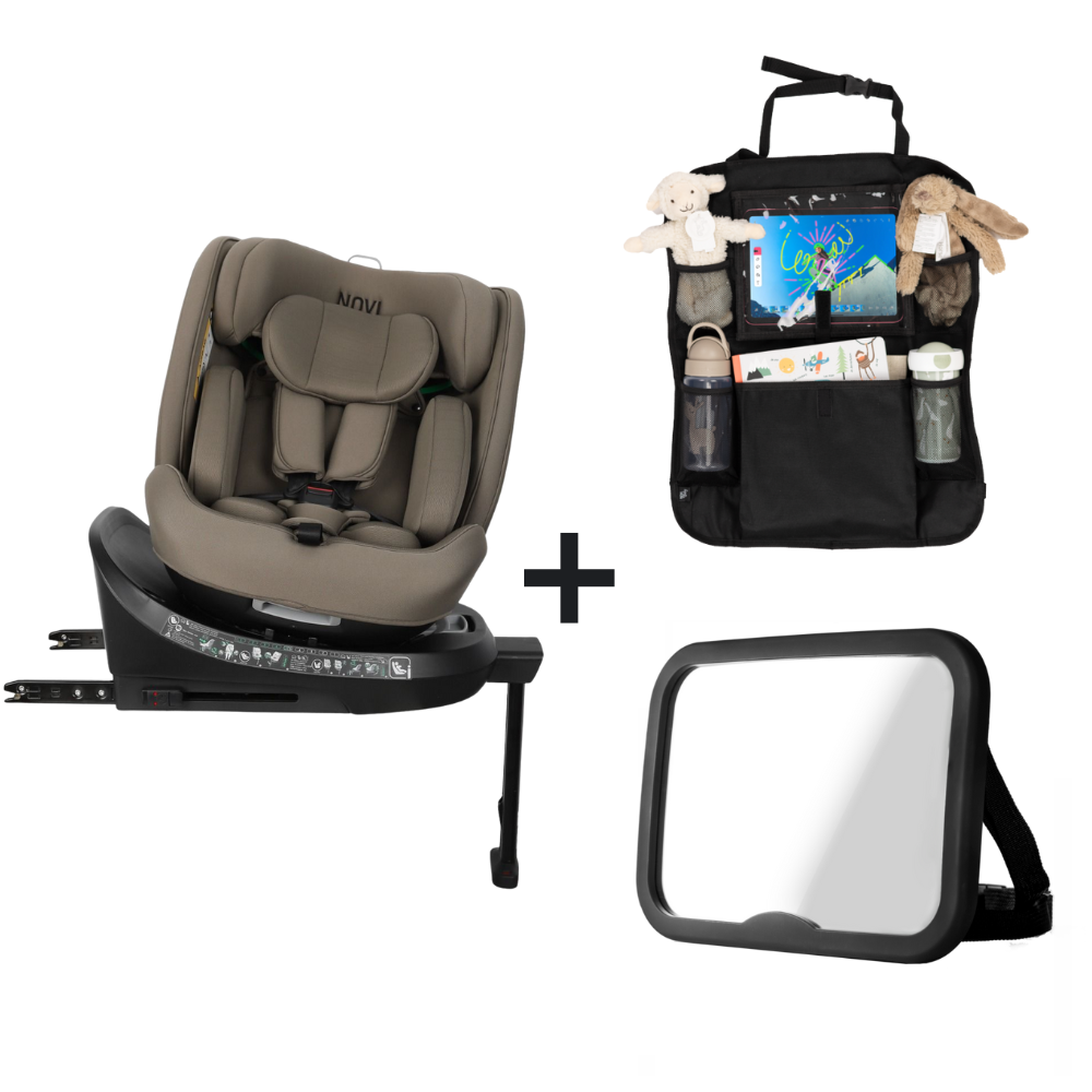Set |Autostoel Novi David 3.0 Premium I-Size 360° Dark Taupe met Achterbankspiegel en Organizer