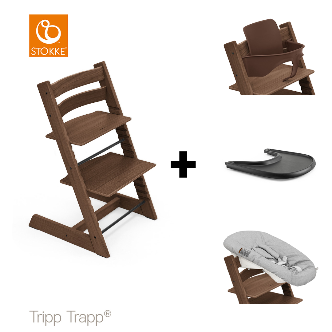 SET | Kinderstoel Stokke® Tripp Trapp® Oak Warm Brown met Newbornset & Eetblad + Babyset