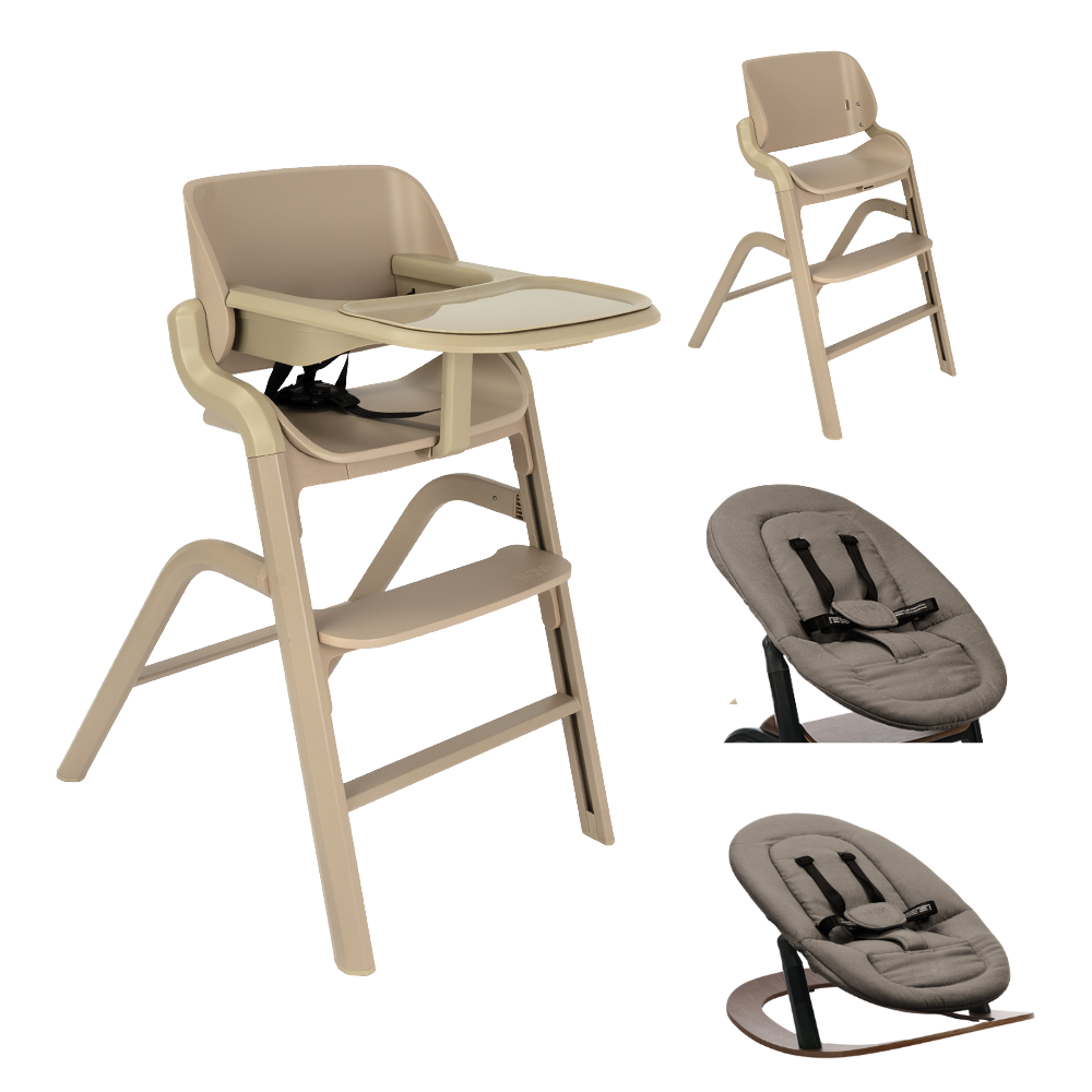 Kinderstoel Novi Curve Premium Sand Met Newbornset Solid Hazel En Schommelonderstel