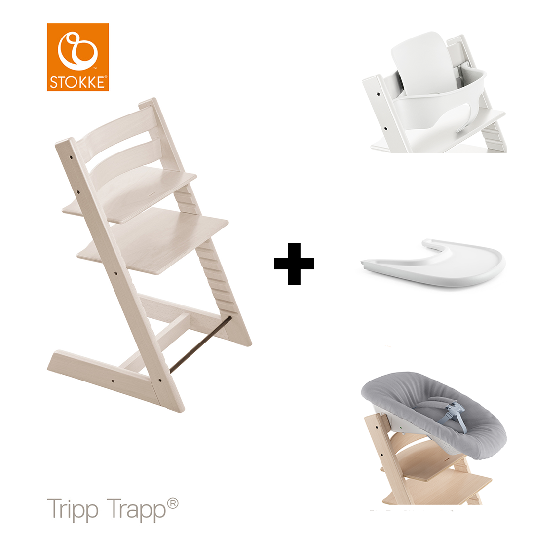 SET | Kinderstoel Stokke® Tripp Trapp® White Wash met Newbornset & Eetblad + Babyset