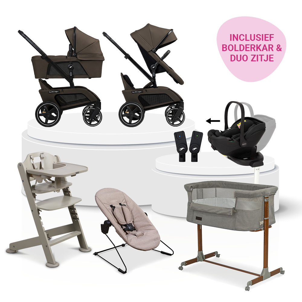 Kinderwagen The Jiffle Wagon 2+ Plus Oak Total Package Deal incl. Autostoel, Base, Kinderstoel & Co-sleeper