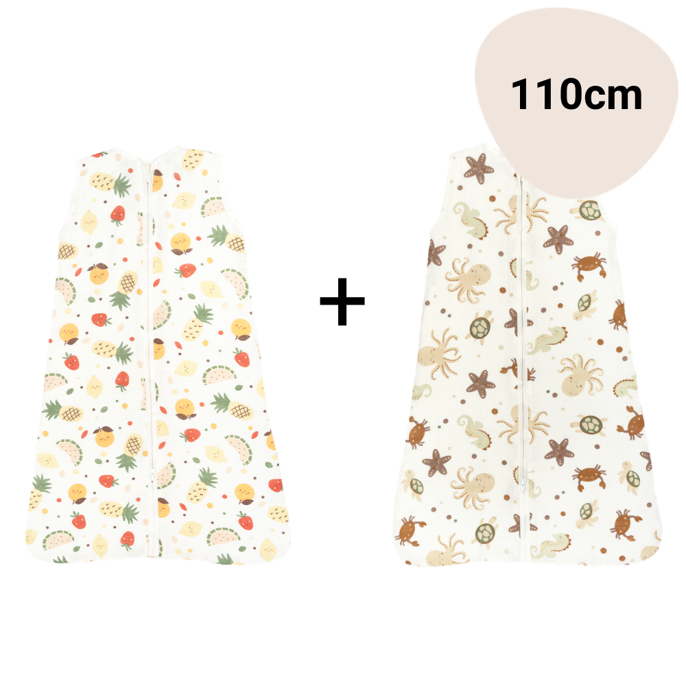 Set | 2x Slaapzak Little Boo Hydrofiel - Fruit Multi + Ocean Brown 110cm