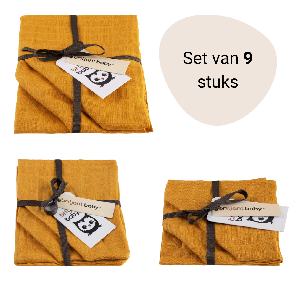 9-delige Hydrofiel Set Briljant Baby Uni Oker (Luiers + Washandjes + Monddoekjes)