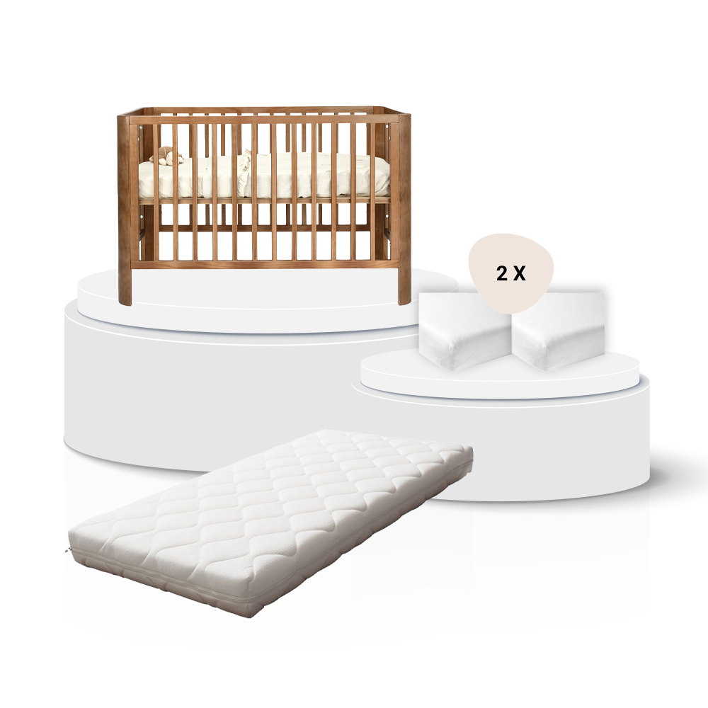 Ledikant Novi Philou Walnut 60x120 (Ronde Hoek) Total Package Deal incl. Matras & 2 Hoeslakens