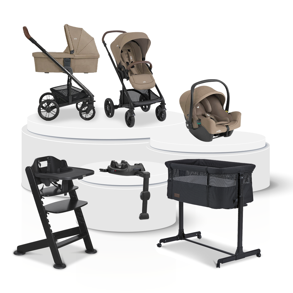 Kinderwagen Joie Chrome2 Trio Cashew Total Package Deal incl. Autostoel, Base, Kinderstoel & Co-Sleeper