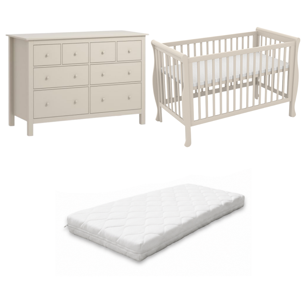 Babykamer Gala + Bastia (Ledikant Gala Sand 60x120 + XL-Commode Bastia Clay + Smrt. Cloudy Matras)