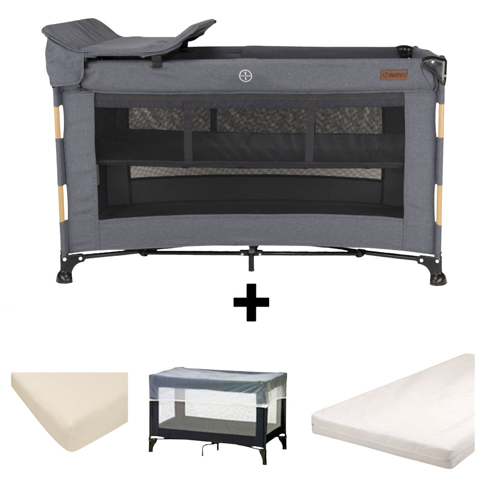 Set | Campingbed Novi Nora Luxe Grey/Wood + Accessoires