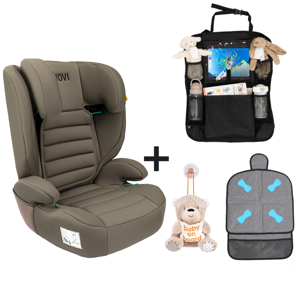 Set | Novi James Premium i-Size Gordel Dark Taupe met Organizer, Stoelbeschermer en Baby on Board Knuffel