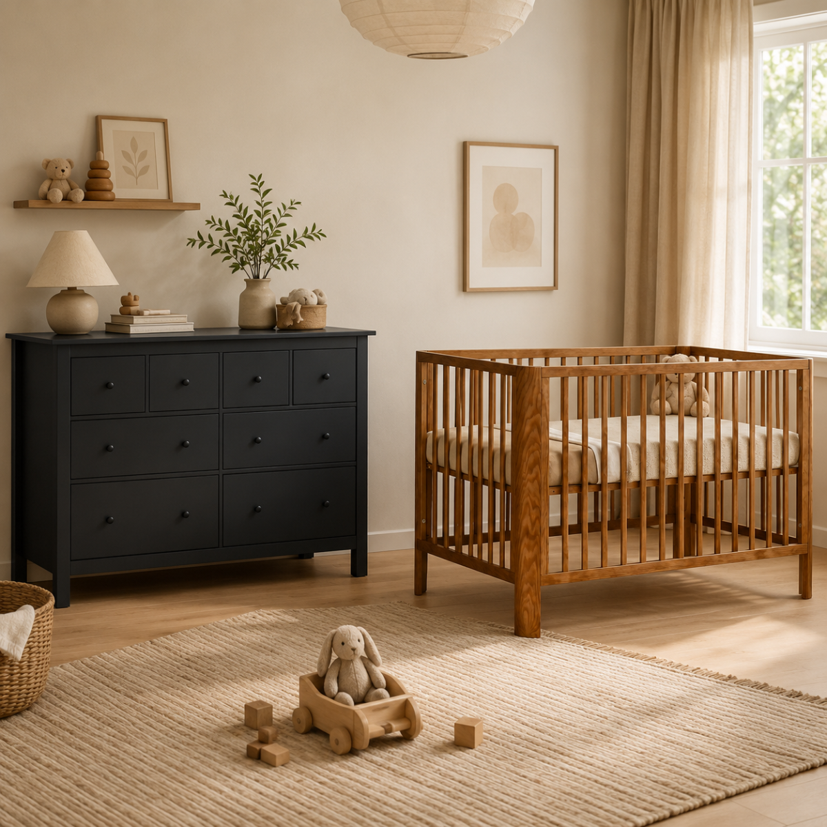 Babykamer (Meegroeiledikant Florine Walnut 70x140 + XL-Commode Bretagne Zwart)