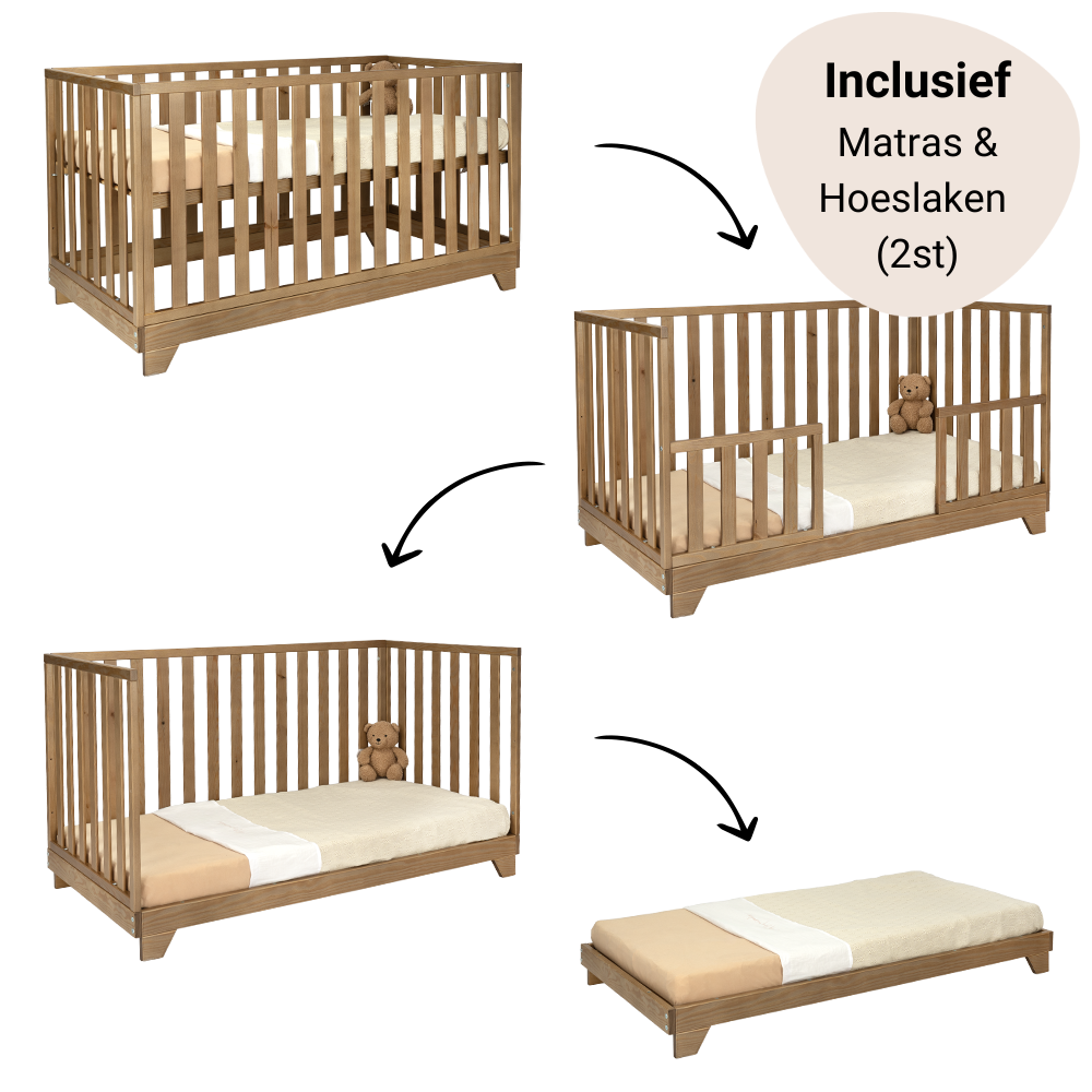 Set | Meegroei Ledikant Colorfull Home Lois V2 70x140 Pure Walnut + Matras Airflow Pro + Hoeslaken Meyco Jersey Wit (2st)