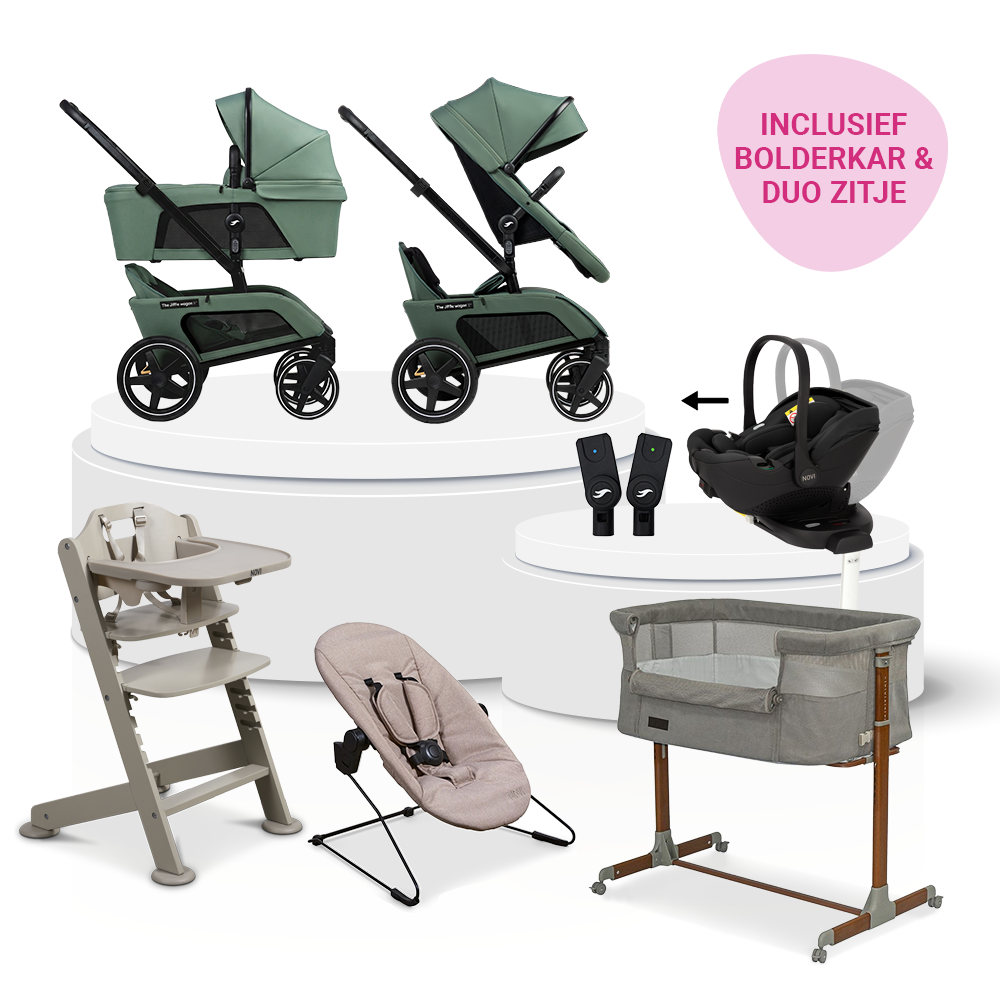 Kinderwagen The Jiffle Wagon 2+ Plus Pine Total Package Deal incl. Autostoel, Base, Kinderstoel & Co-sleeper