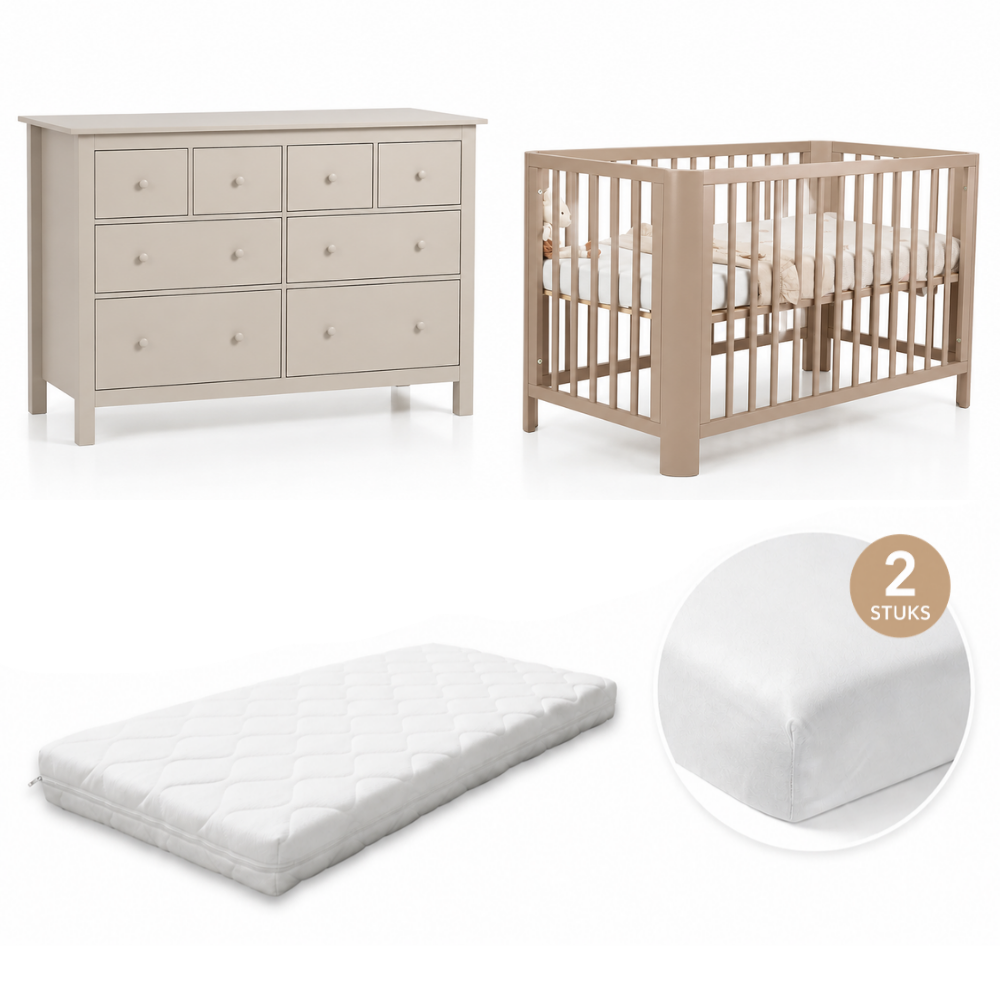 Babykamer (Ledikant Philou Sand + XL-Commode Bastia Clay) met Matras & Hoeslakens (2st)
