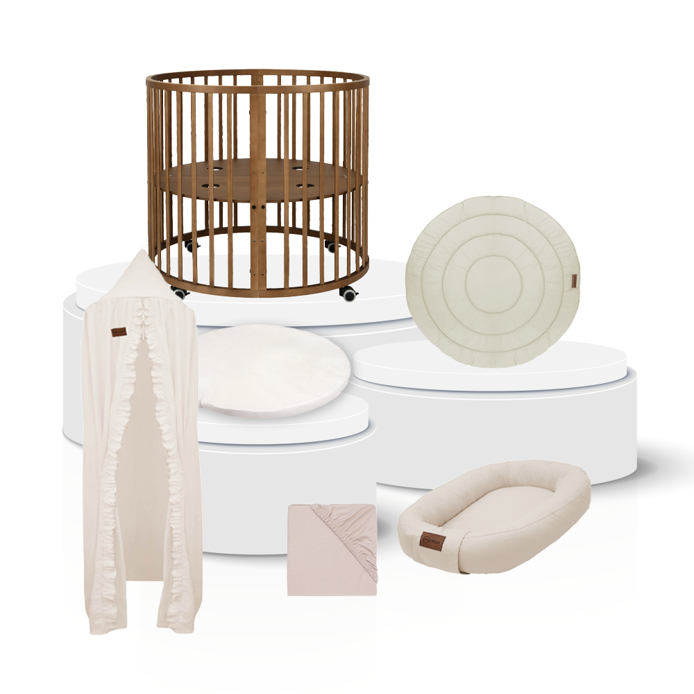 Box Novi Mila Rond Walnut/Sand Total Package Deal incl. Boxaccessoires & Babynest