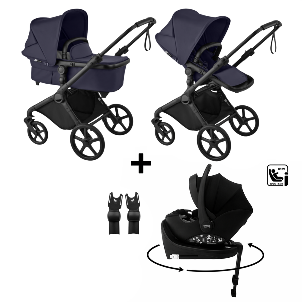 Kinderwagen Bugaboo Cub Compleet Black/Deep Indigo met Autostoel Jacky Pro 360° V2, Base & Adapterset