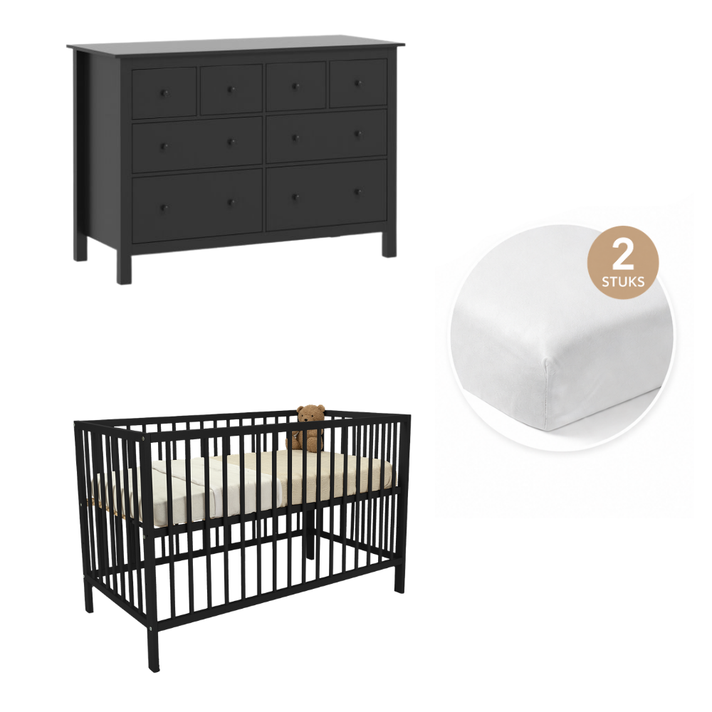 Babykamer Lotus + Bretagne (Ledikant Lotus Pure Black 60x120 + XL Commode Bretagne Zwart + Hoeslaken 2x)