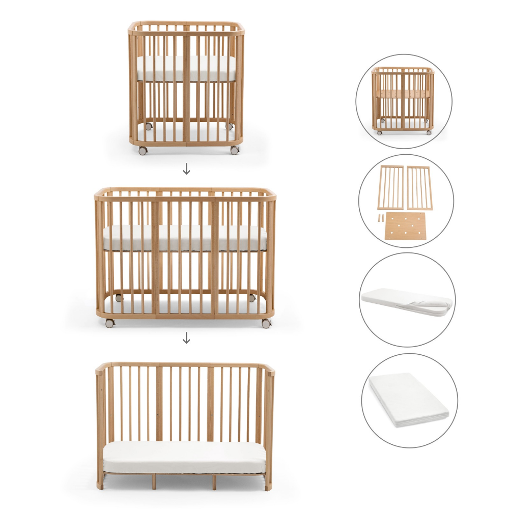 Set | Mini Bed Stokke® Nighti™ Naturel Incl. Extension, Matras Mini, & Bed, Wieltjes en Hoeslaken