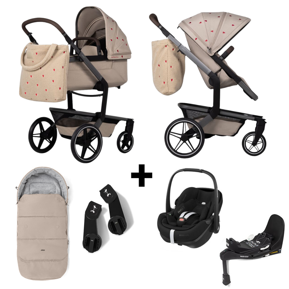 Kinderwagen Joolz x Studio Noos Day5 Sandy Taupe incl. Zonnekap & Tas + Autostoel Pebble Pro2, Slide Tech Base & Accessoires