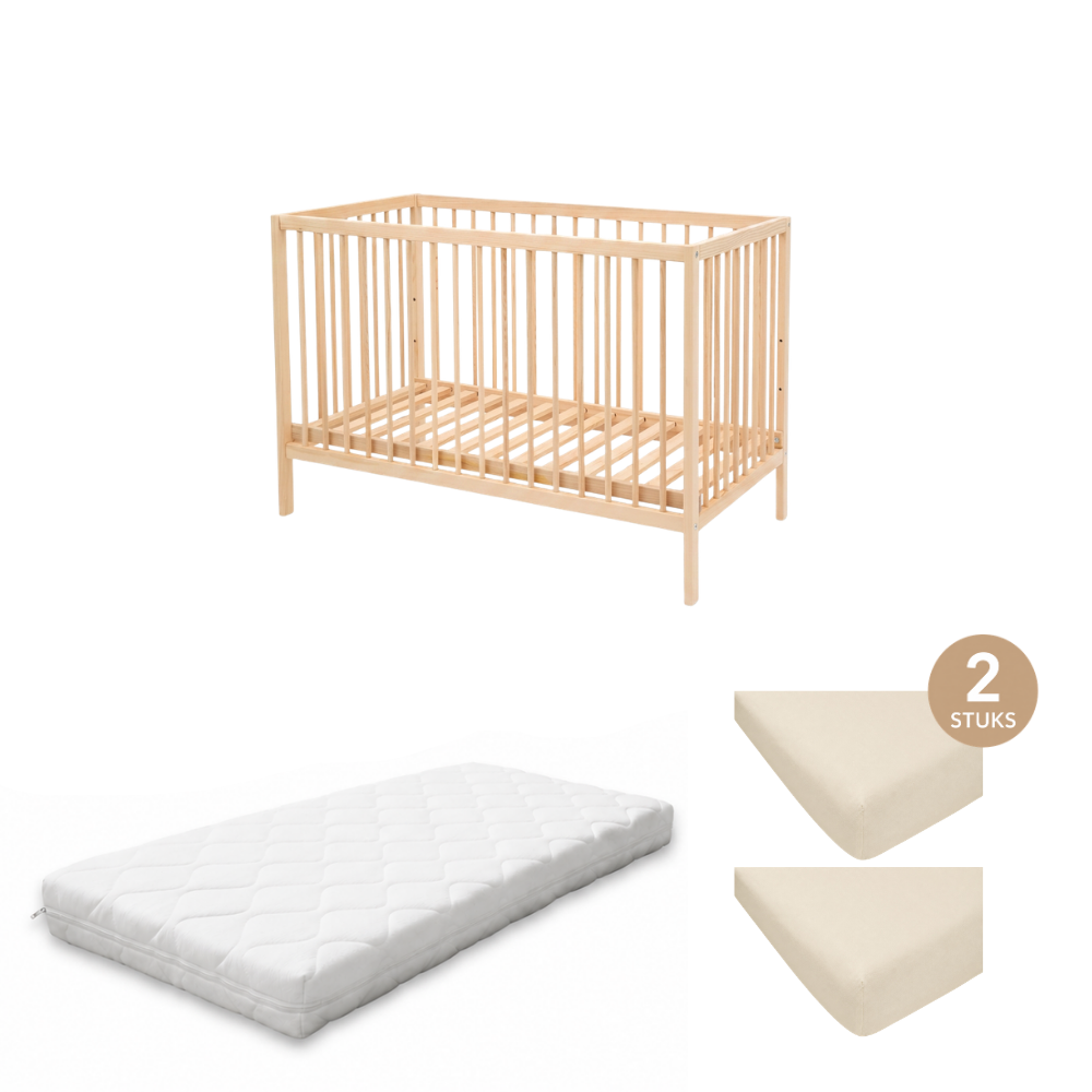 Set Ledikant Natural 60x120 + Matras Cloudy + Hoeslaken Ecru 2st.