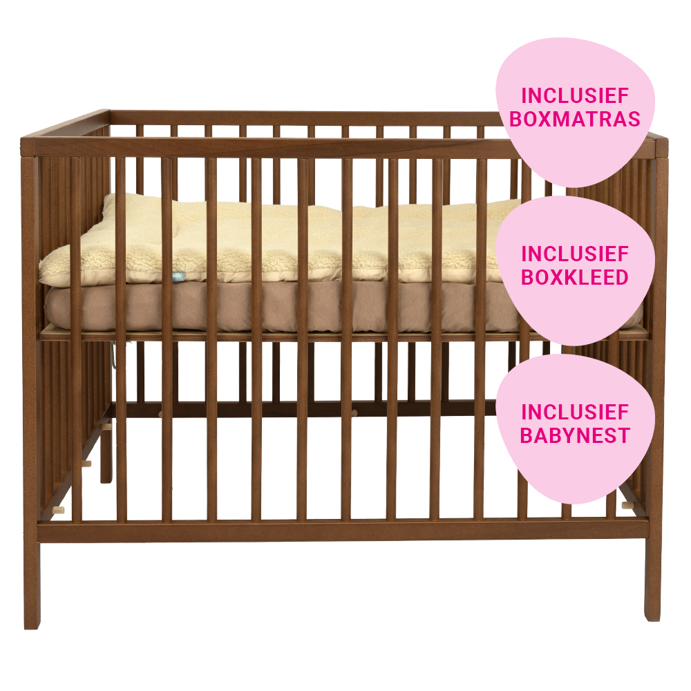 Set | Box Colorfull Home Dalia Linea Classic Walnut Incl. Boxmatras, Boxkleed en Babynest