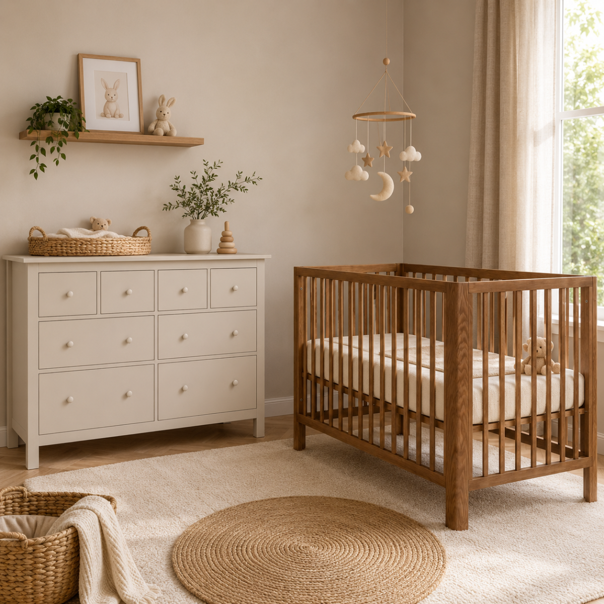 Babykamer (Meegroeiledikant Florine Walnut 70x140 + XL-Commode Bastia Clay)