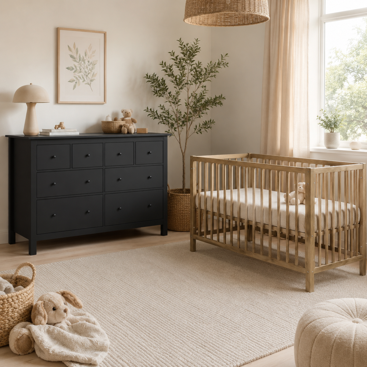Babykamer (Meegroeiledikant Florine Amber Oak 70x140 + XL-Commode Bretagne Zwart)