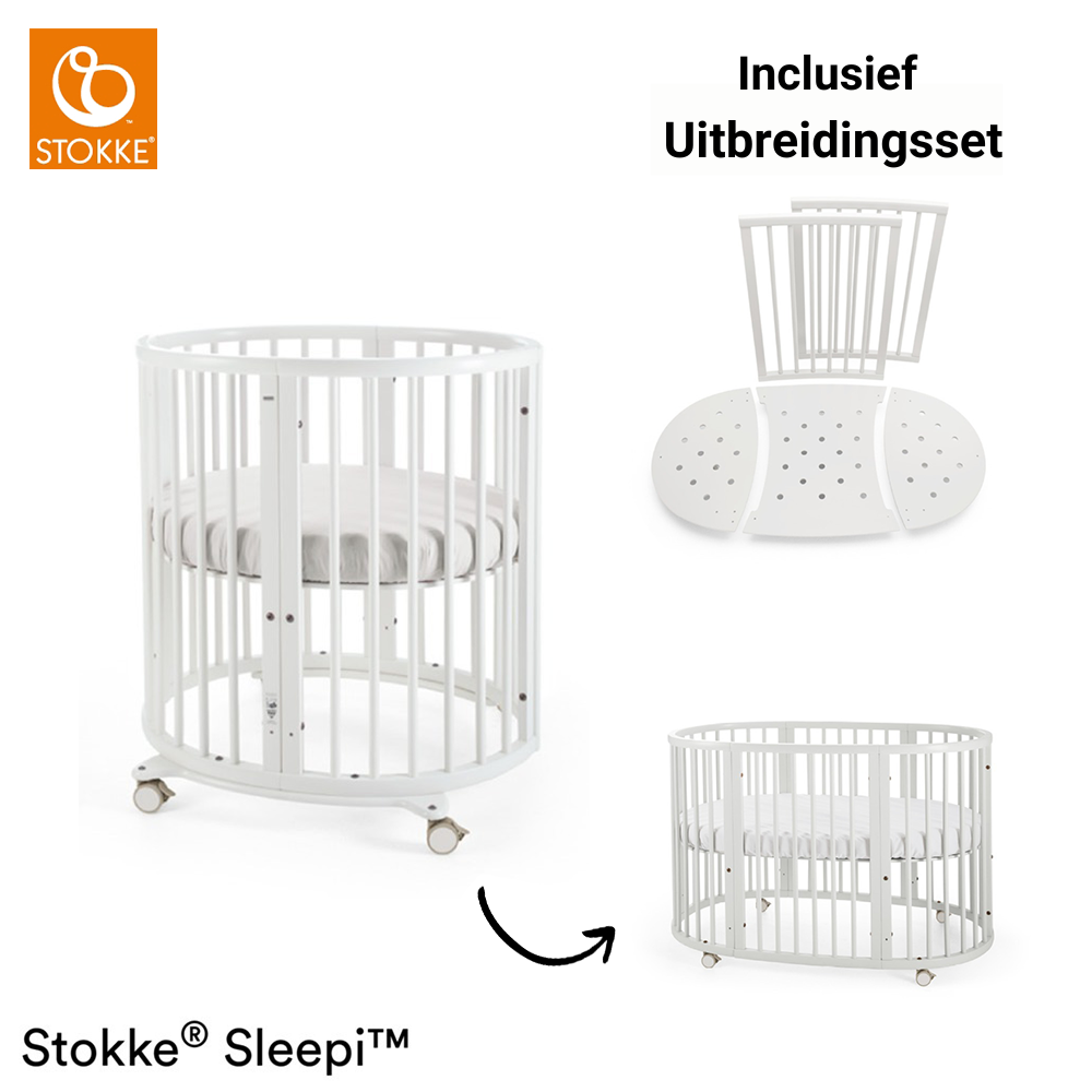 Set | Mini Bed Stokke® Sleepi™ White incl. Matras Mini & Matras Ledikant & Sleepi™ Uitbreidingsset & Hoeslakens