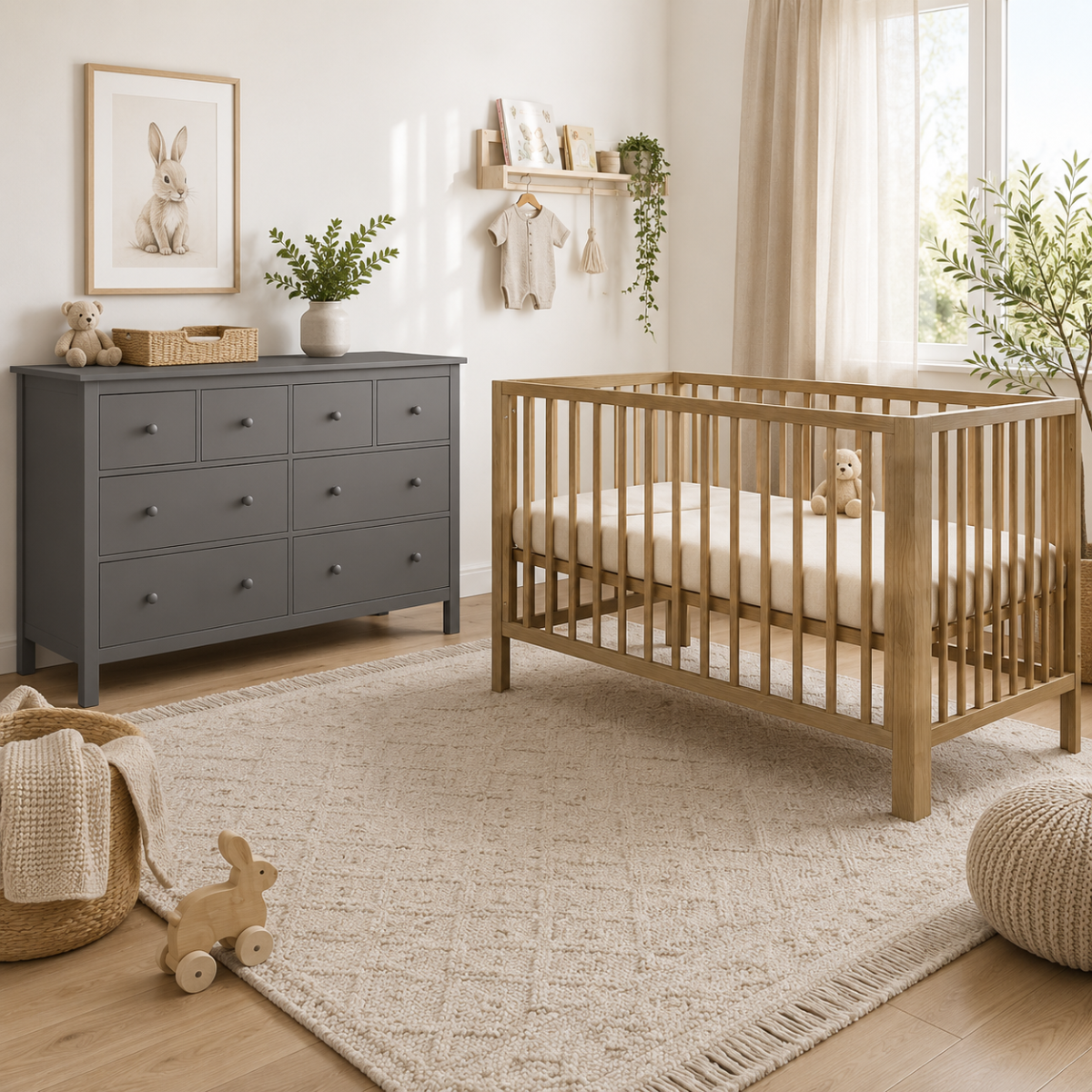 Babykamer (Meegroeiledikant Florine Amber Oak 70x140 + XL-Commode Bretagne Chocolate)