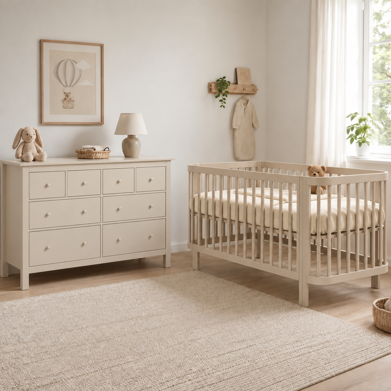 Babykamer Kira + Bastia (Meegroei Ledikant Kira Sand 60x120 + XL-Commode Bastia Clay + Smrt. Cloudy Matras)