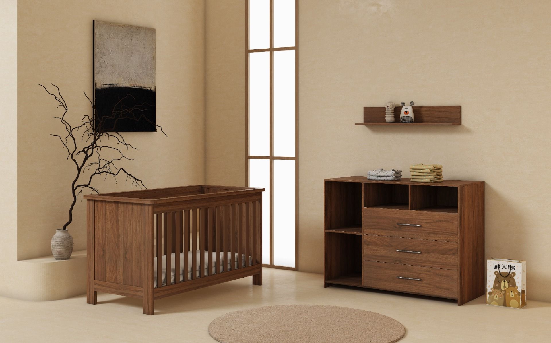 Babykamer Livvie Walnut (Ledikant + Commode)