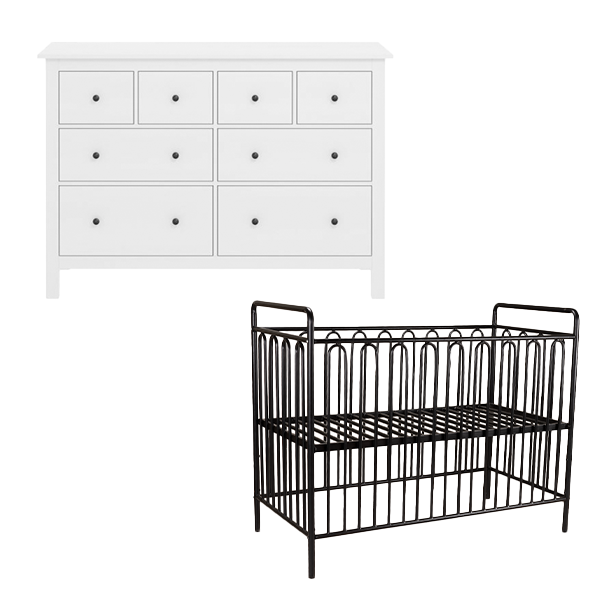 Babykamer Bretagne Wit + Ledikant Metaal Royal 60x120 Zwart (XL-Commode + Ledikant)
